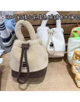 【代购】SPAO 刺绣小熊羊羔绒拼色水桶包