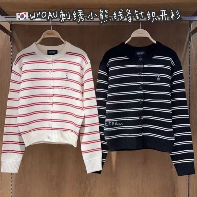 【代购】WHOAU 刺绣小熊线条针织开衫