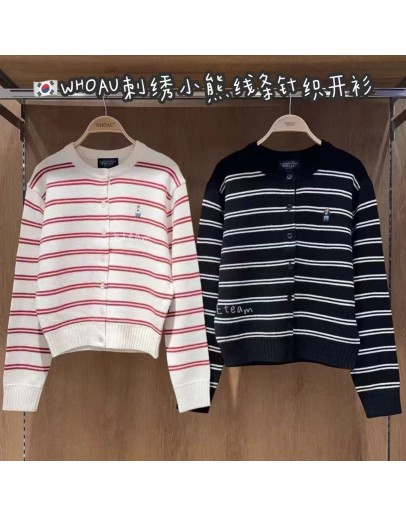 【代购】WHOAU 刺绣小熊线条针织开衫