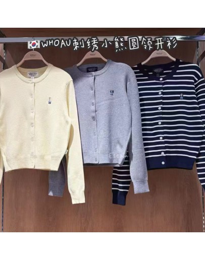 【代购】WHOAU 刺绣小熊圆领开衫