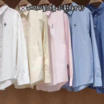 【代购】WHOAU 刺绣小熊立领衬衫