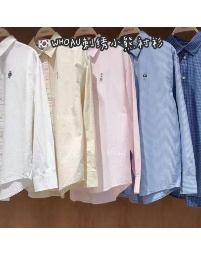 【代购】WHOAU 刺绣小熊立领衬衫