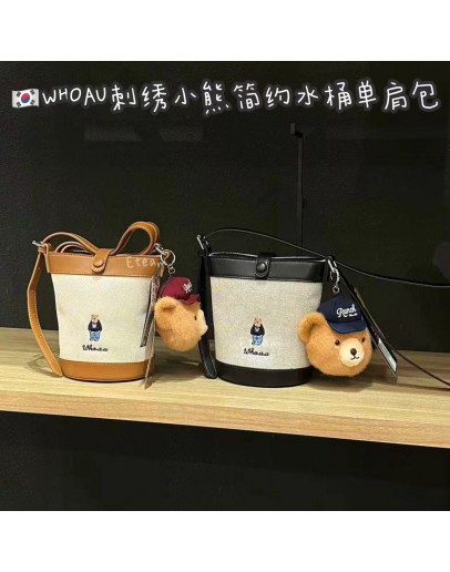 【代购】WHOAU 刺绣小熊简约水桶包