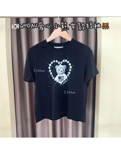 【现货】WHOAU爱心小熊女款短袖 #S胸围90衣长47.5 黑色