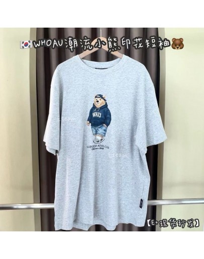 【现货】WHOAU潮流小熊印花短袖 #XL 胸围117衣长72 灰色