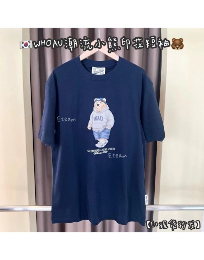 【现货】WHOAU潮流小熊印花短袖 #M 胸围107衣长68 藏蓝色