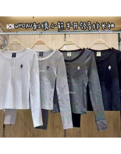 【代购】WHOAU 刺绣小熊半开领条纹长袖