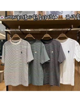 【代购】WHOAU 刺绣小熊条纹短袖 两件套