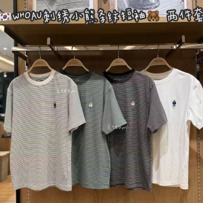 【代购】WHOAU 刺绣小熊条纹短袖 两件套