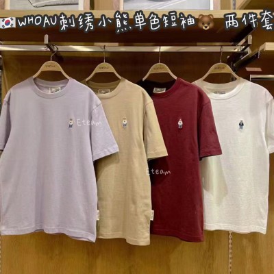 【代购】WHOAU 刺绣小熊单色短袖 两件套