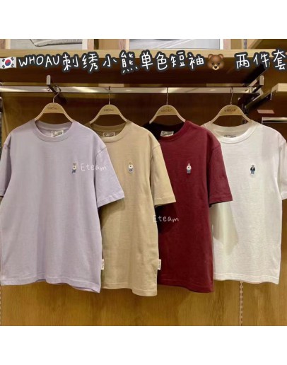 【代购】WHOAU 刺绣小熊单色短袖 两件套