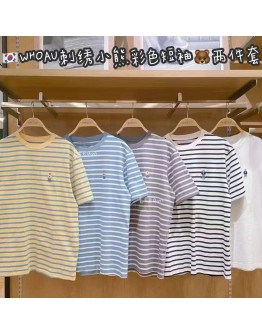 【代购】WHOAU 刺绣小熊彩色短袖 两件套