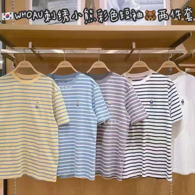 【代购】WHOAU 刺绣小熊彩色短袖 两件套